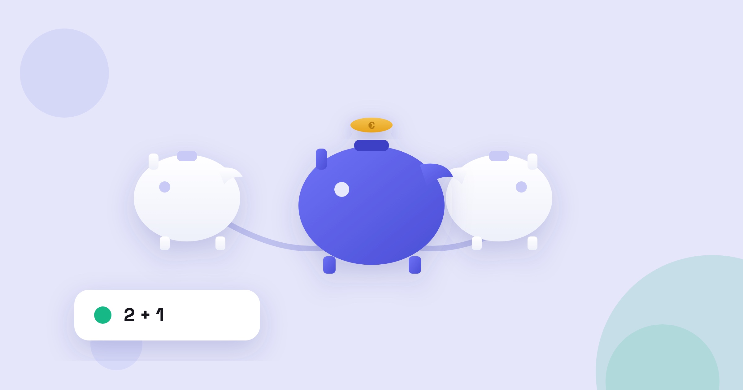 Ilustración de tres huchas conectadas, dos individuales y una común en el centro, sobre fondo lavanda